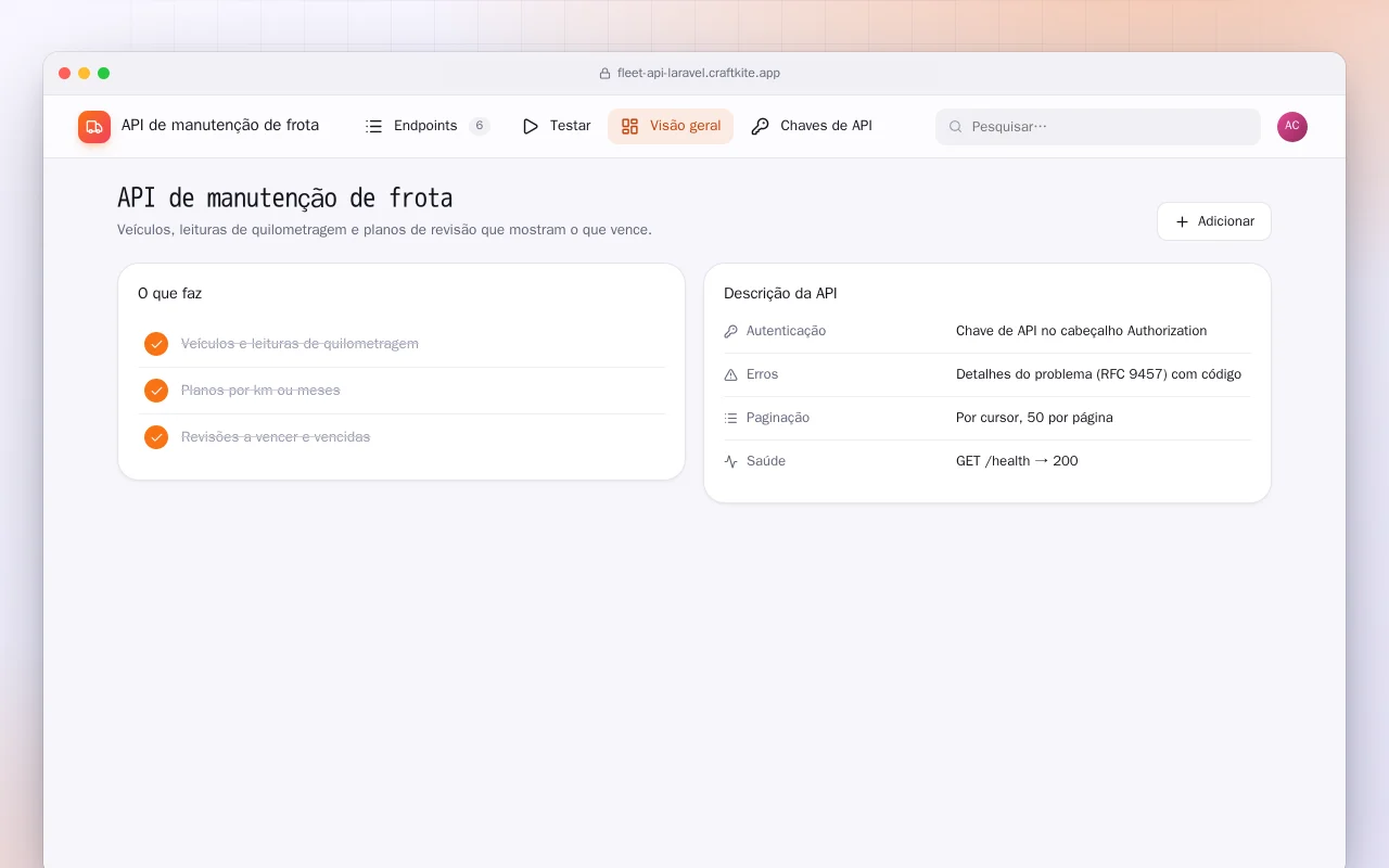 API de manutenção de frota (Laravel): a tela API de manutenção de frota