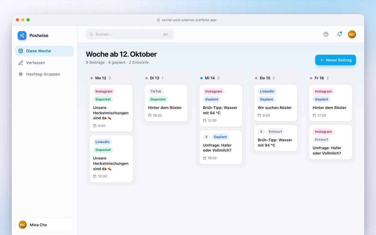 Social-Post-Planer: der Bildschirm „Woche ab 12. Oktober“
