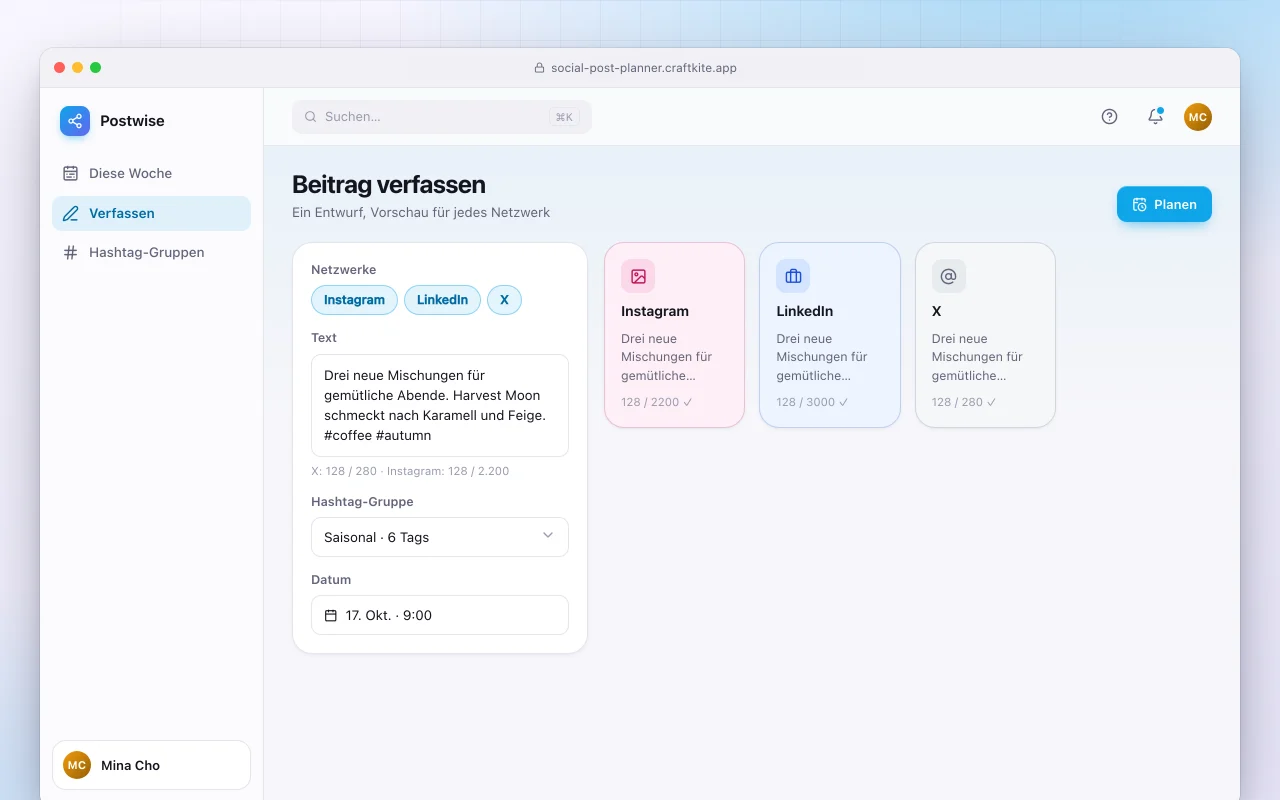 Social-Post-Planer: der Bildschirm „Beitrag verfassen“