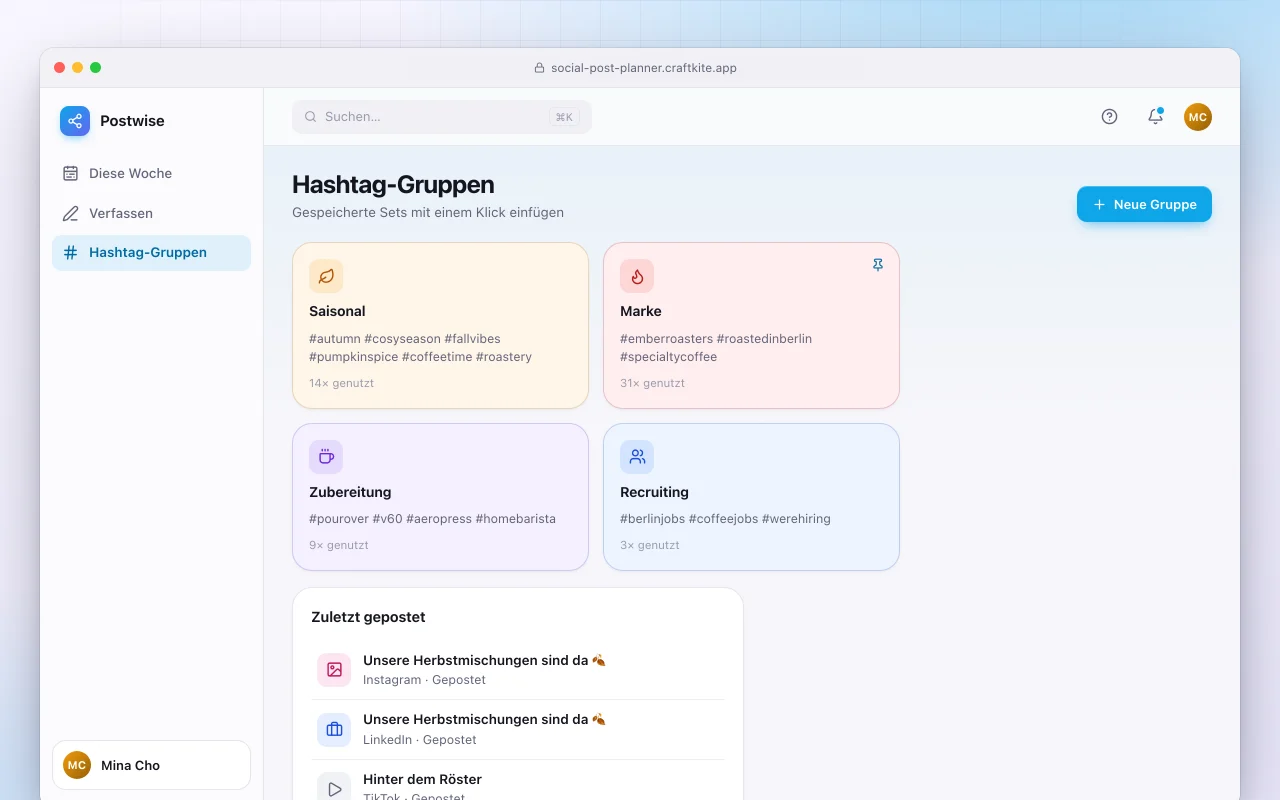 Social-Post-Planer: der Bildschirm „Hashtag-Gruppen“