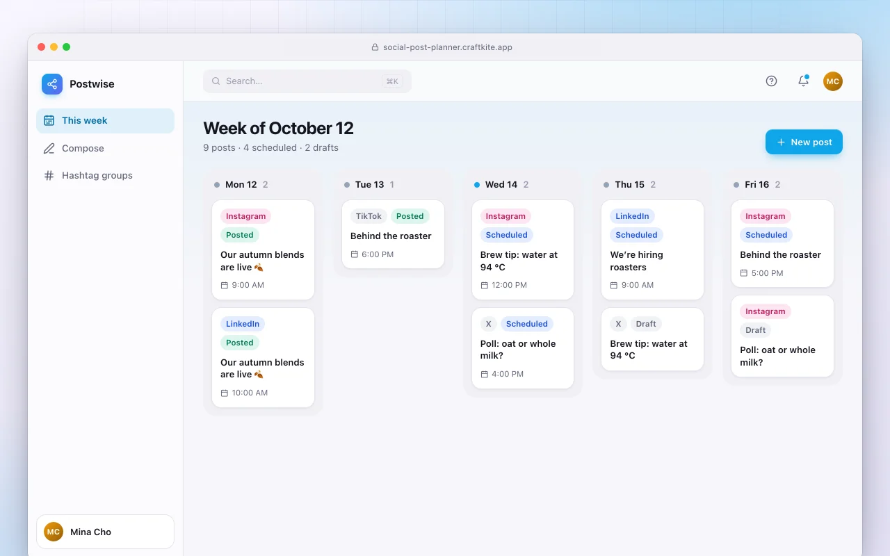 Social post planner: the Week of October 12 screen