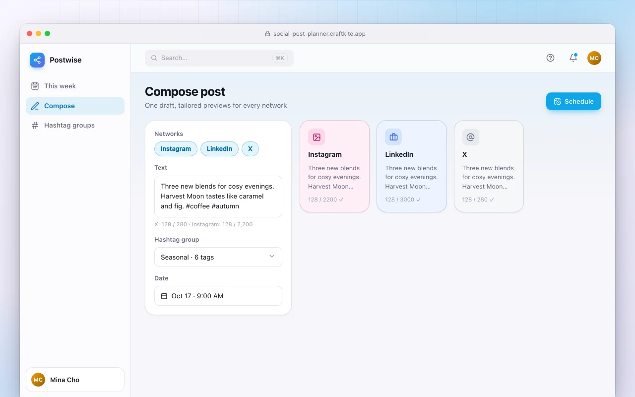Social post planner: the Compose post screen