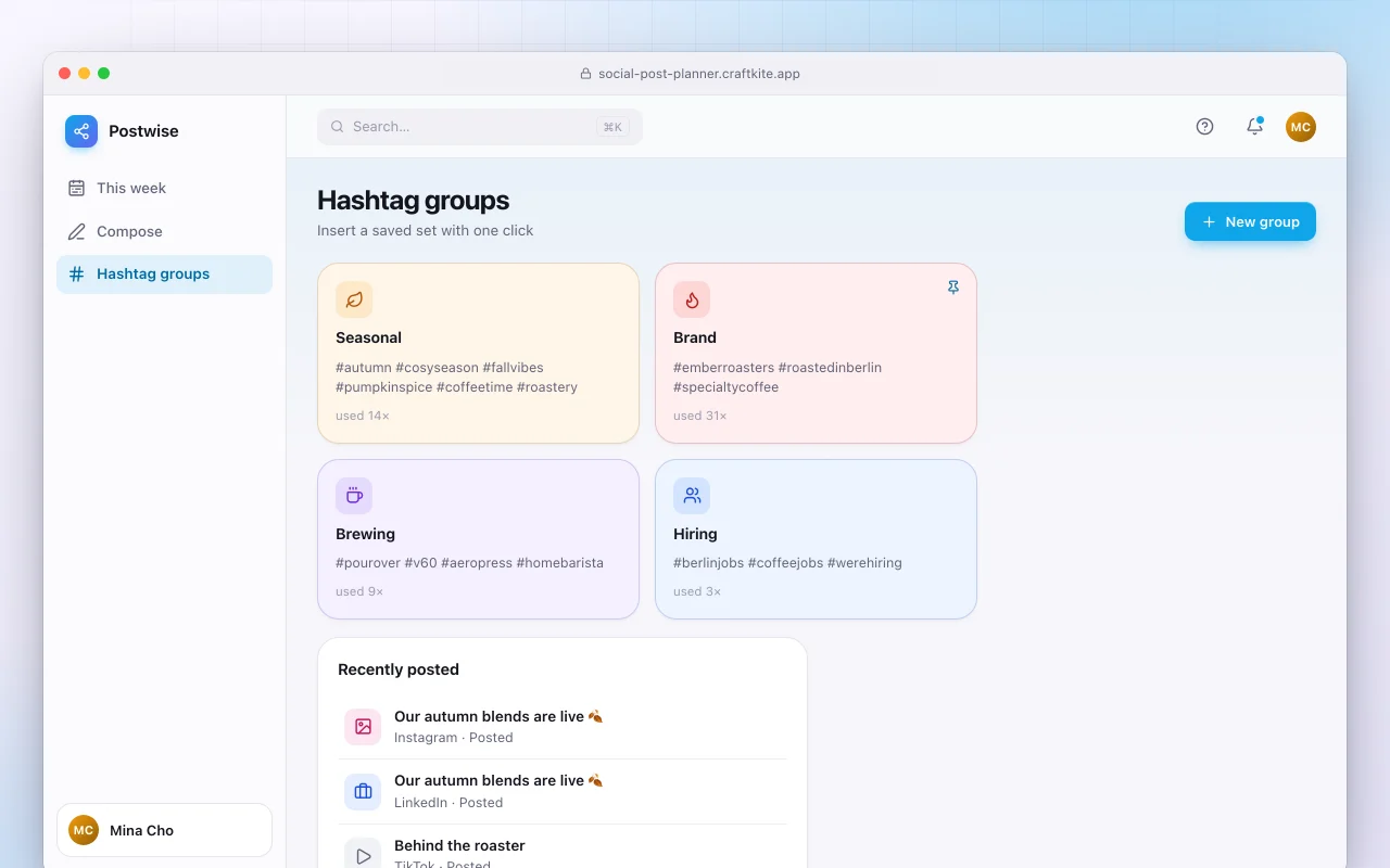 Social post planner: the Hashtag groups screen