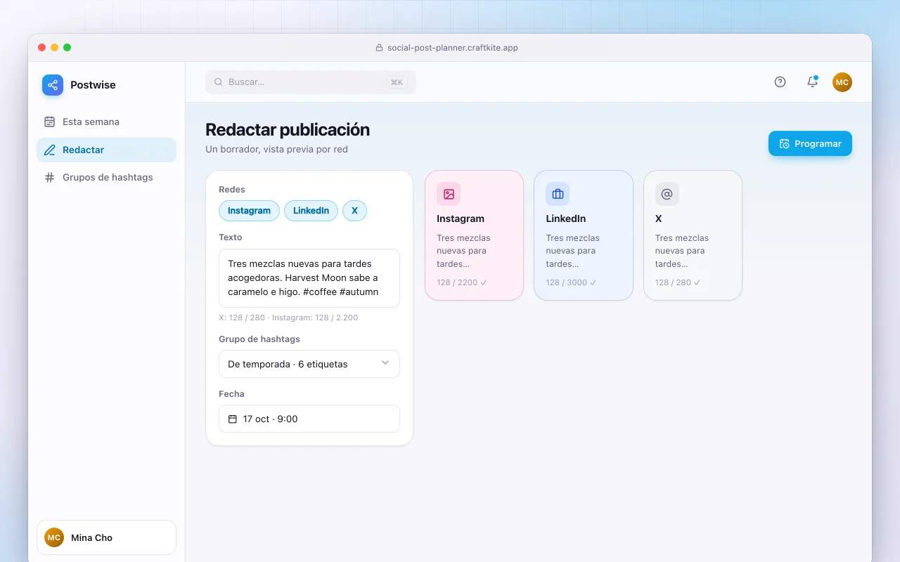 Planificador de publicaciones sociales: la pantalla Redactar publicación