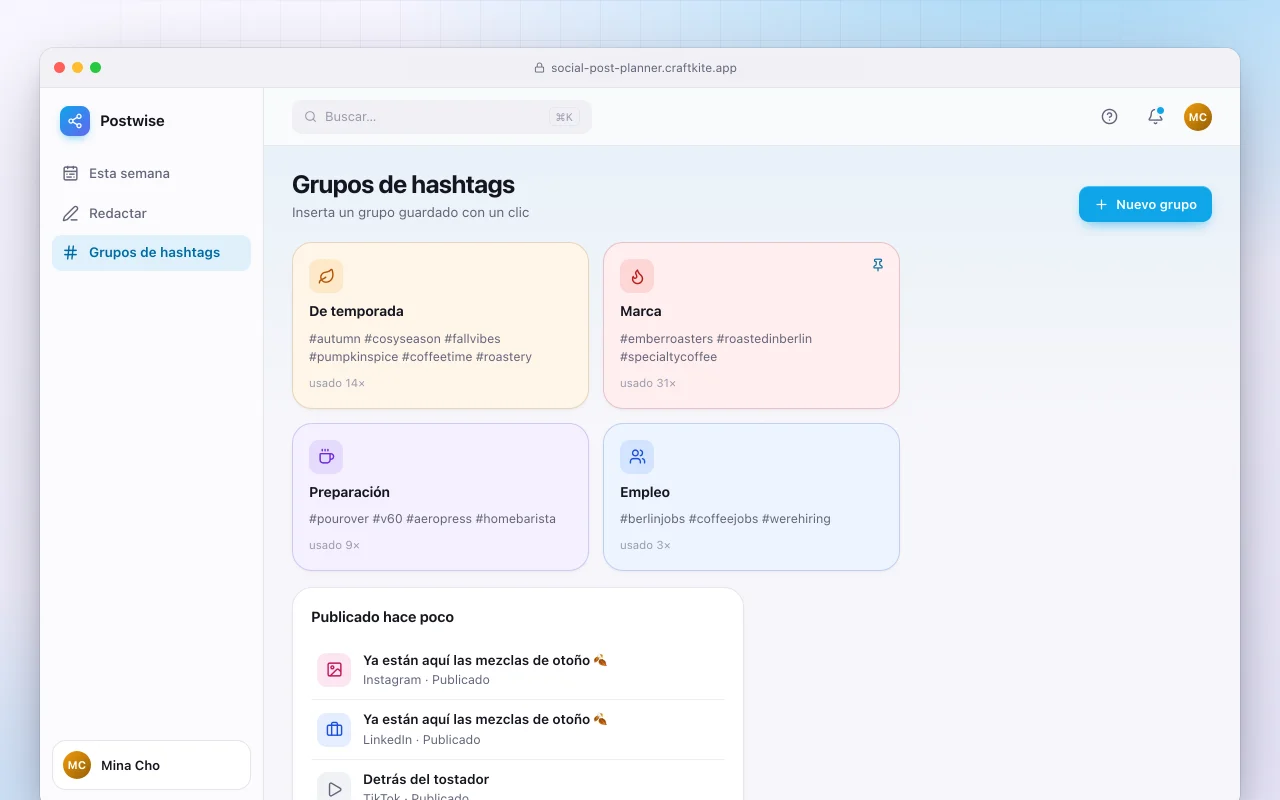 Planificador de publicaciones sociales: la pantalla Grupos de hashtags