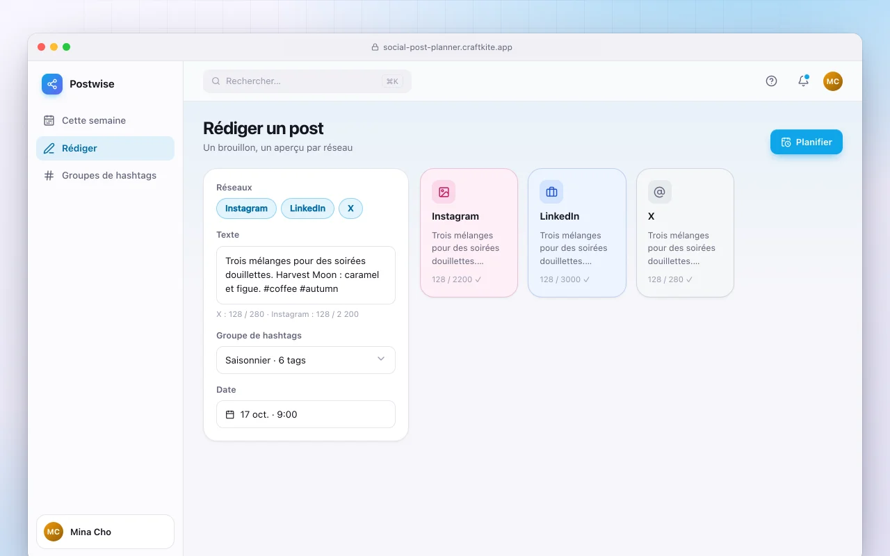 Planificateur de publications sociales : l’écran Rédiger un post