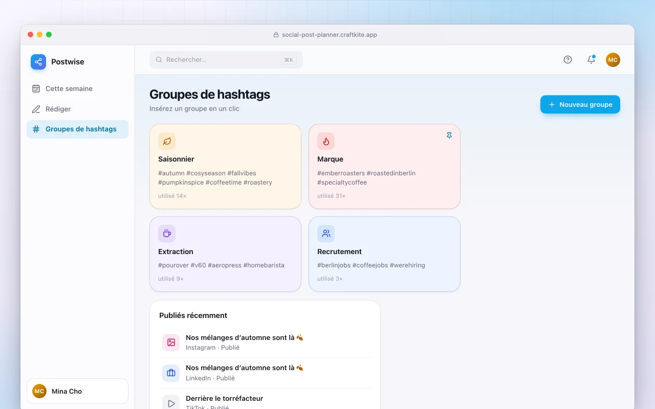 Planificateur de publications sociales : l’écran Groupes de hashtags