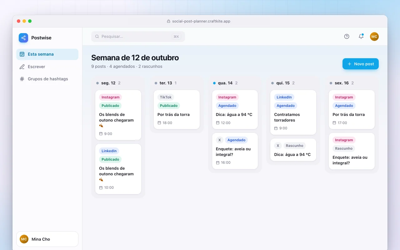 Planejador de posts sociais: a tela Semana de 12 de outubro