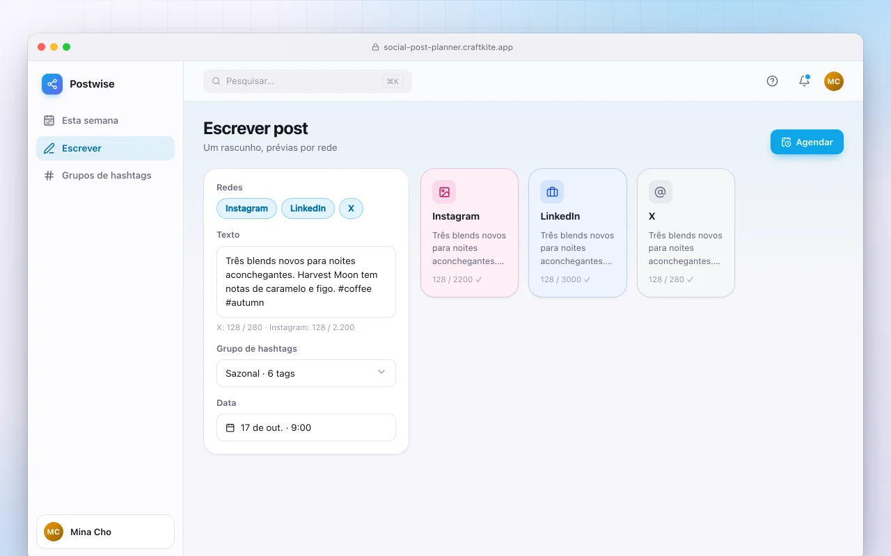 Planejador de posts sociais: a tela Escrever post