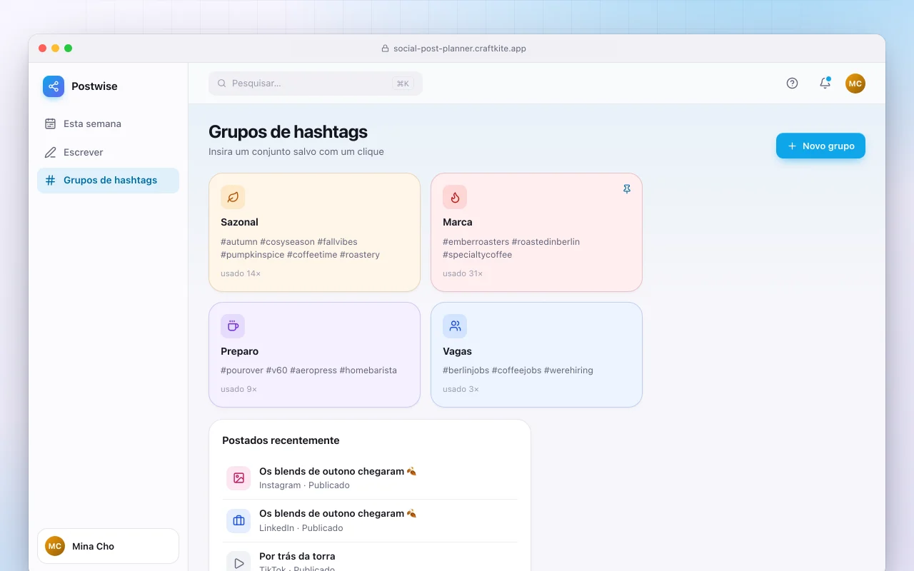 Planejador de posts sociais: a tela Grupos de hashtags