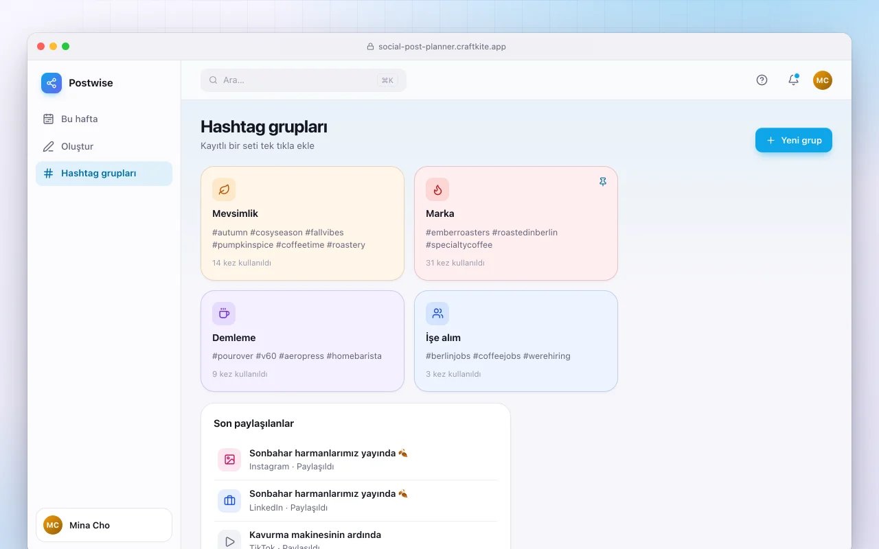 Sosyal medya gönderi planlayıcı: Hashtag grupları ekranı