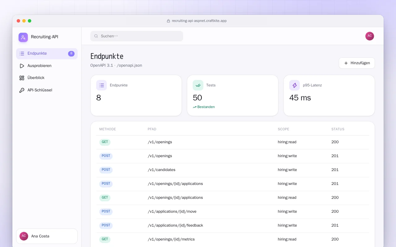 Recruiting-API (ASP.NET Core): der Bildschirm „Endpunkte“