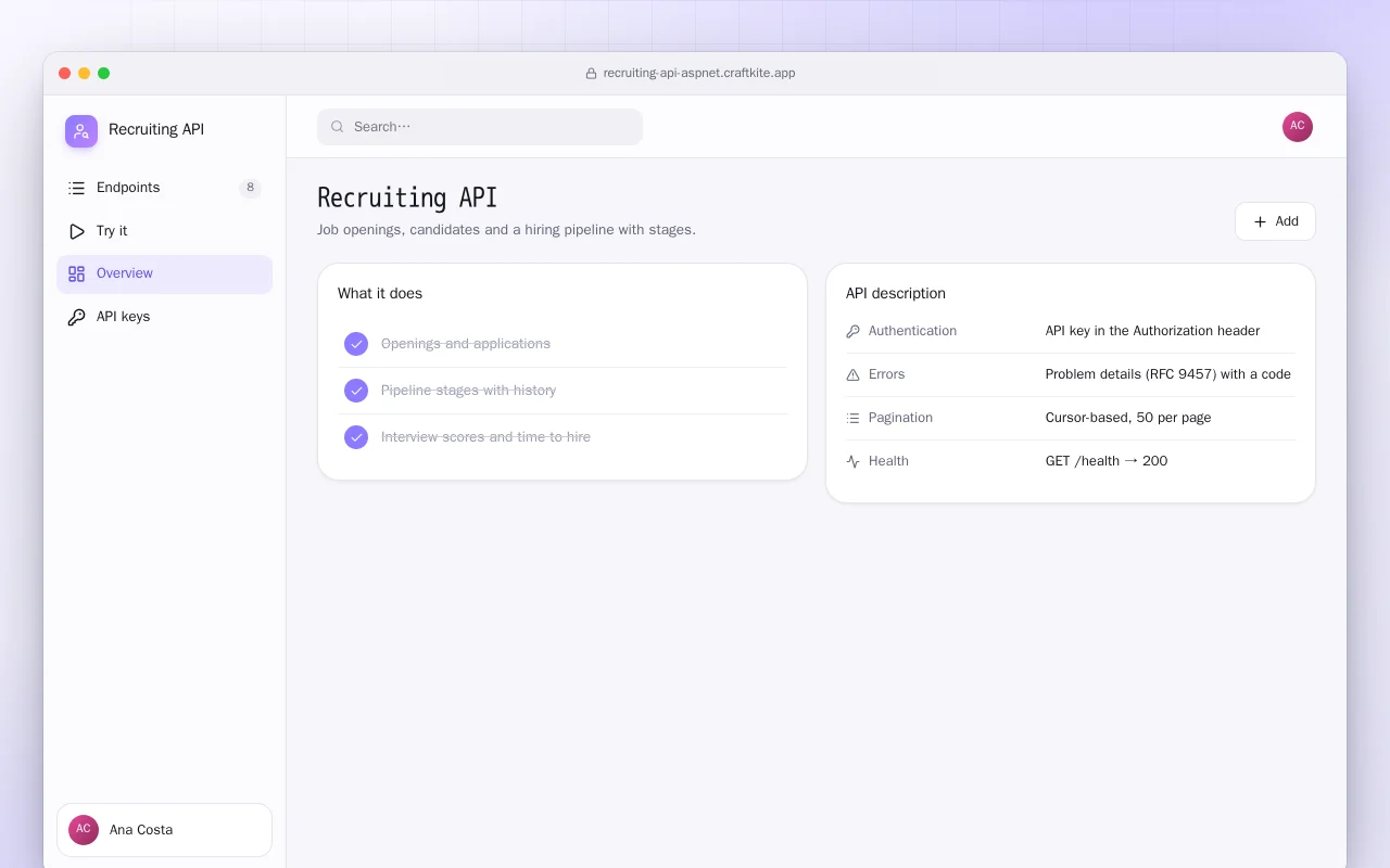 Recruiting API (ASP.NET Core): the Recruiting API screen