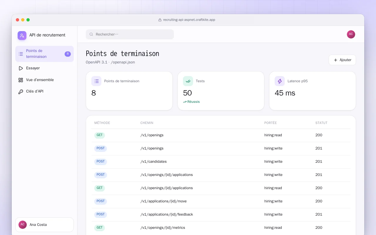 API de recrutement (ASP.NET Core) : l’écran Points de terminaison
