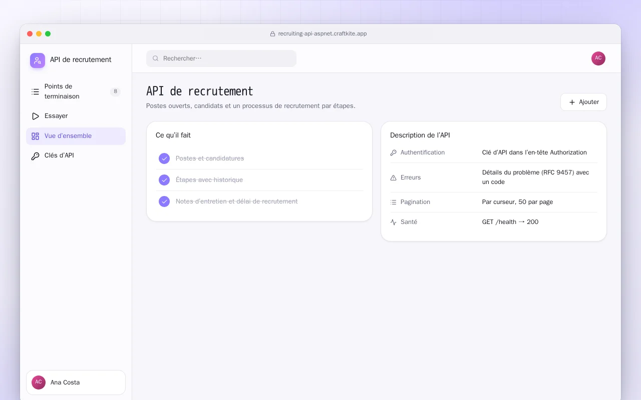 API de recrutement (ASP.NET Core) : l’écran API de recrutement