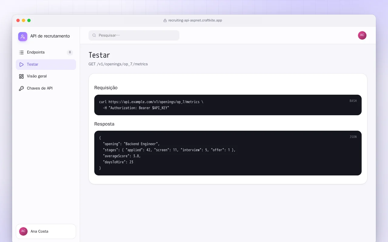 API de recrutamento (ASP.NET Core): a tela Testar