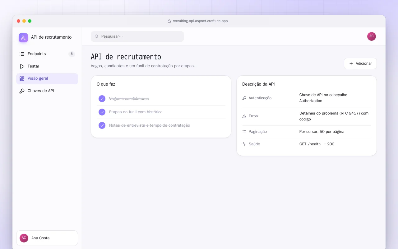 API de recrutamento (ASP.NET Core): a tela API de recrutamento