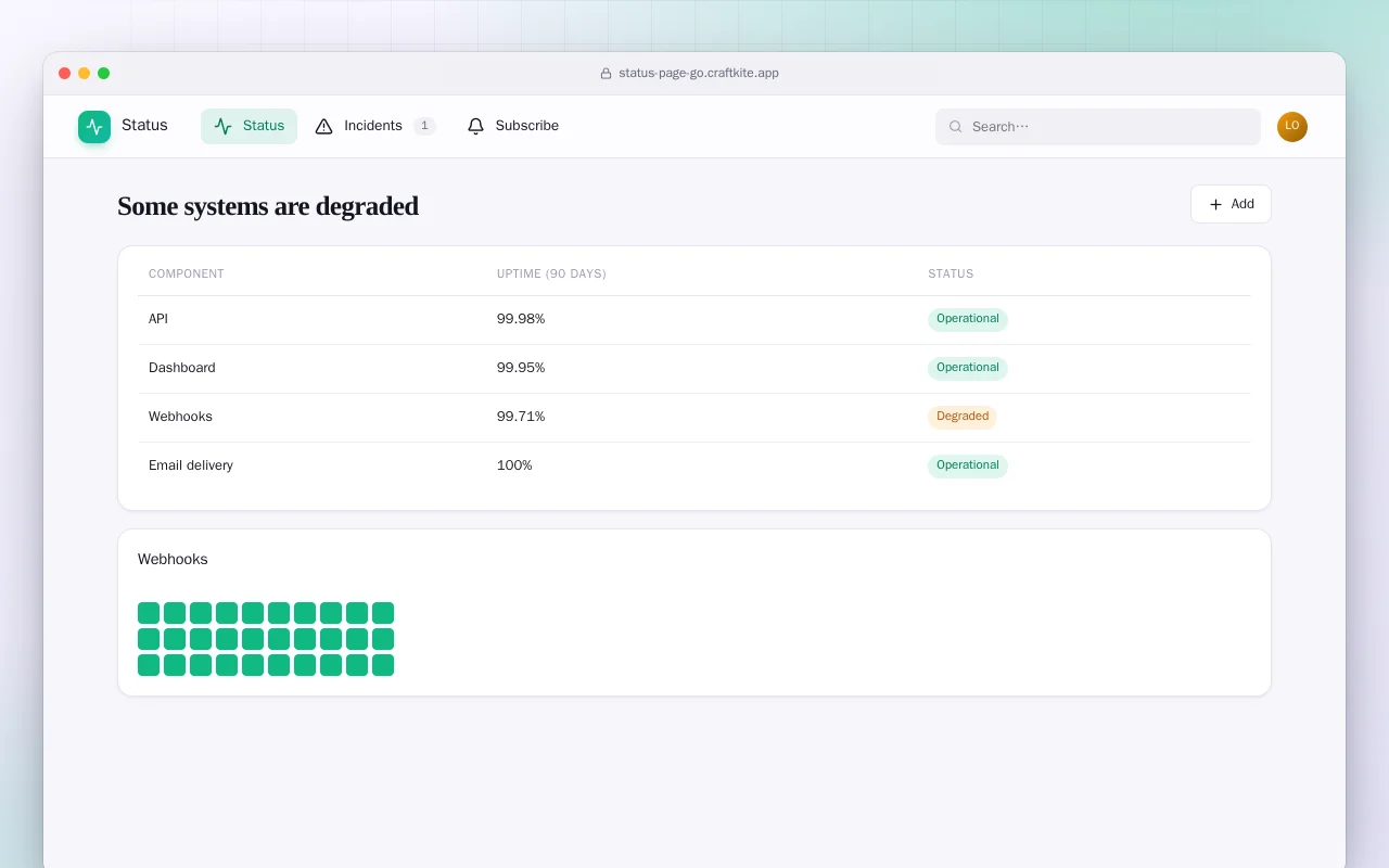 Status Page (Go): the Some systems are degraded screen