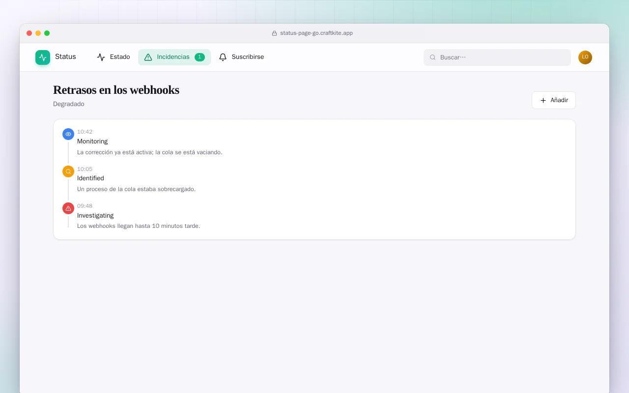 Página de estado (Go): la pantalla Retrasos en los webhooks