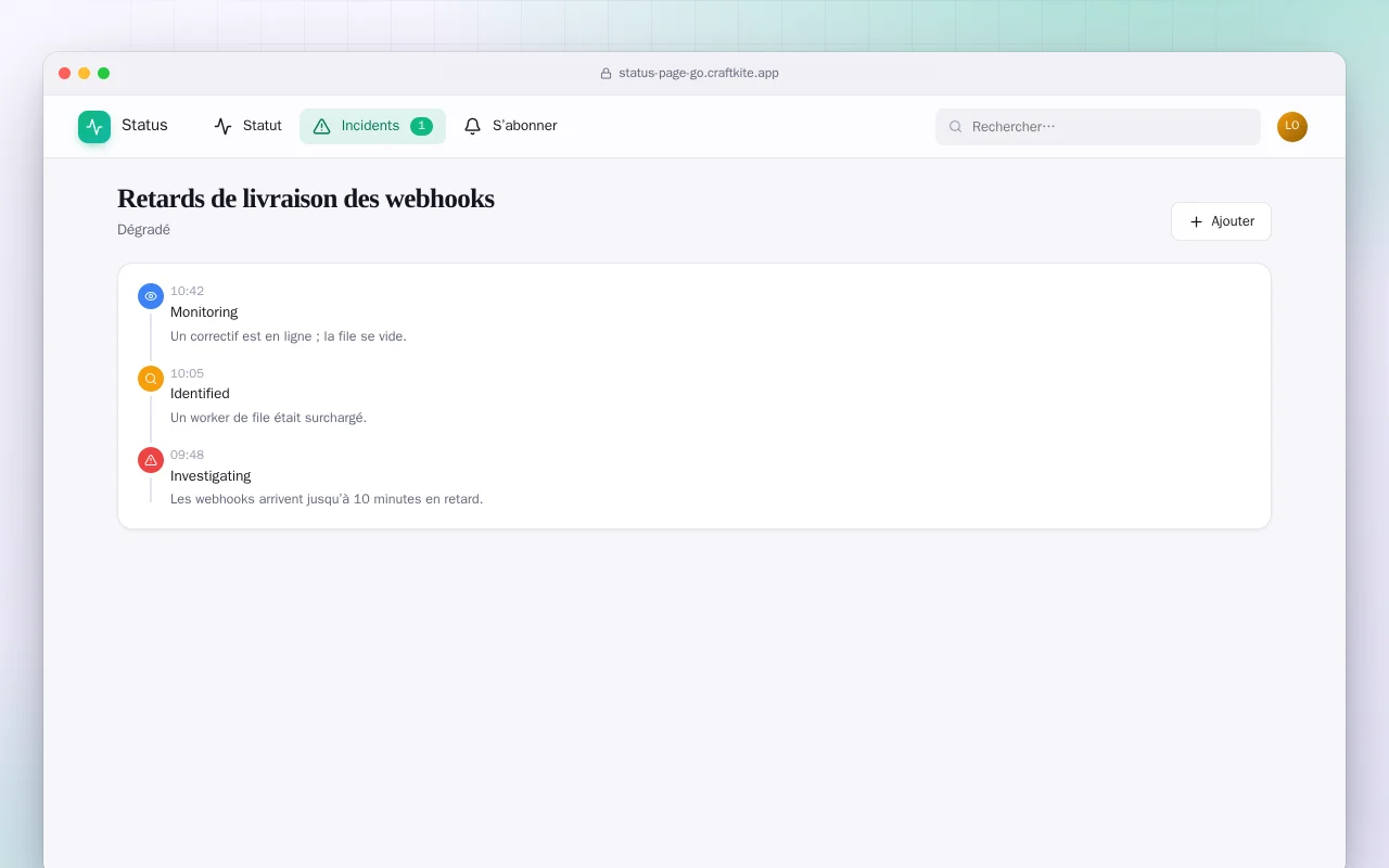 Page de statut (Go) : l’écran Retards de livraison des webhooks