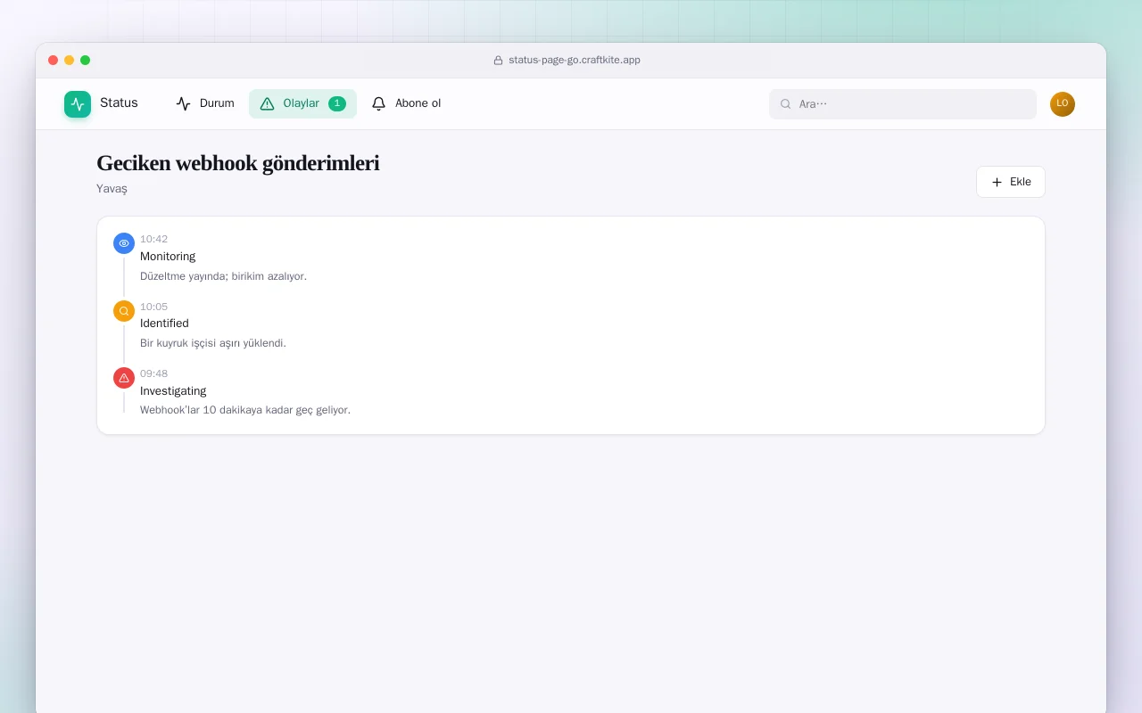 Durum Sayfası (Go): Geciken webhook gönderimleri ekranı