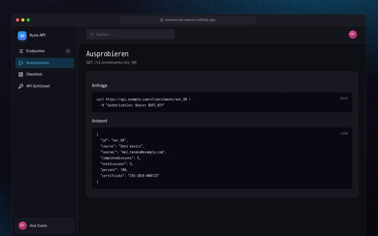 Kurs-API (ASP.NET Core): der Bildschirm „Ausprobieren“