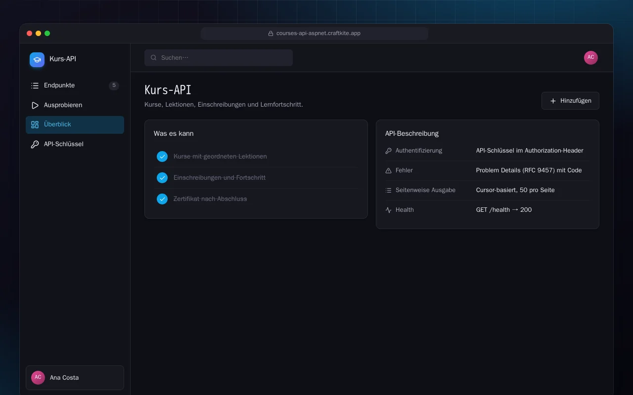 Kurs-API (ASP.NET Core): der Bildschirm „Kurs-API“