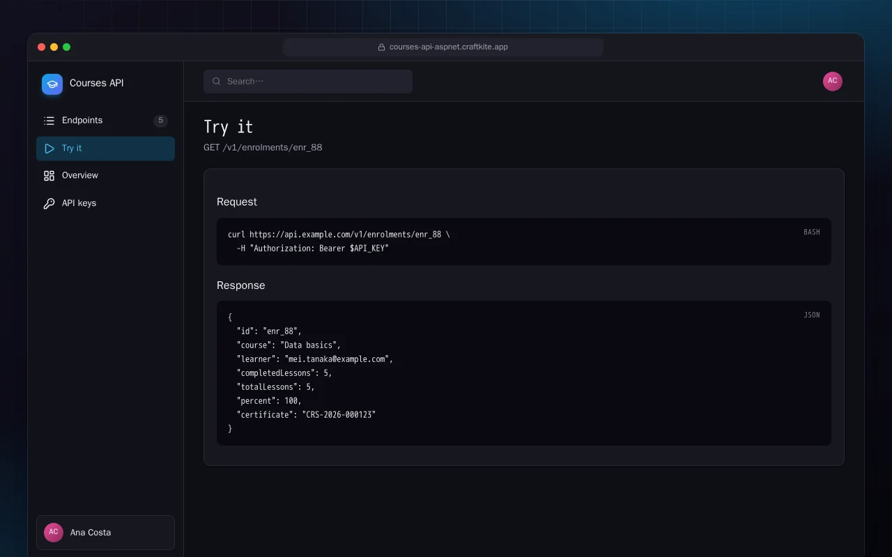 Courses API (ASP.NET Core): the Try it screen