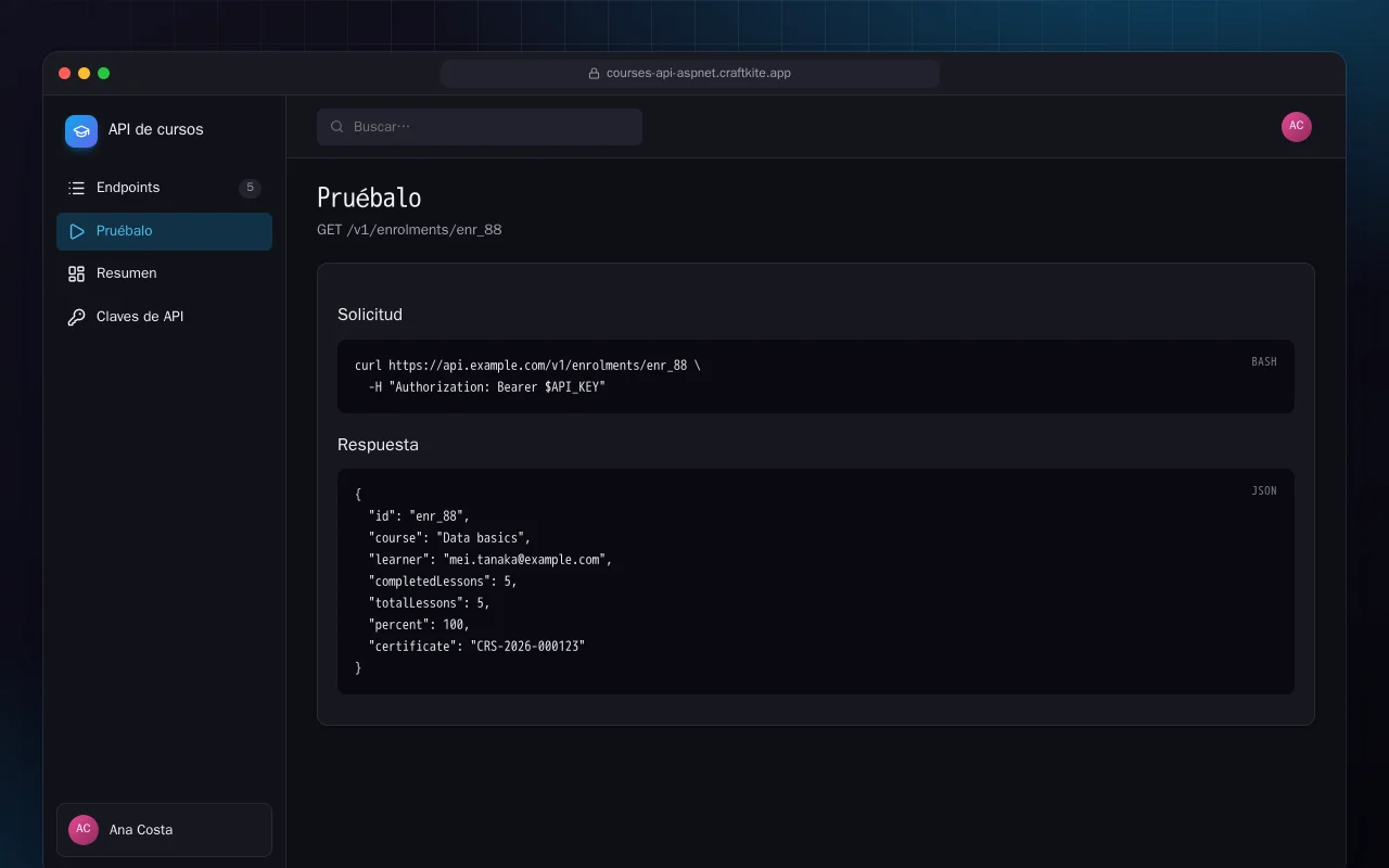 API de cursos (ASP.NET Core): la pantalla Pruébalo