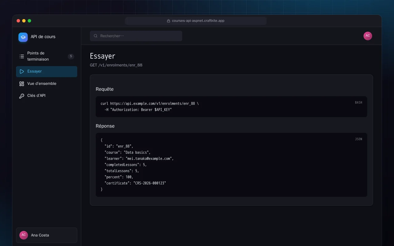 API de cours (ASP.NET Core) : l’écran Essayer