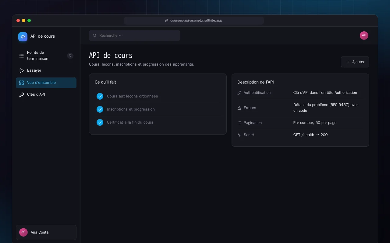 API de cours (ASP.NET Core) : l’écran API de cours