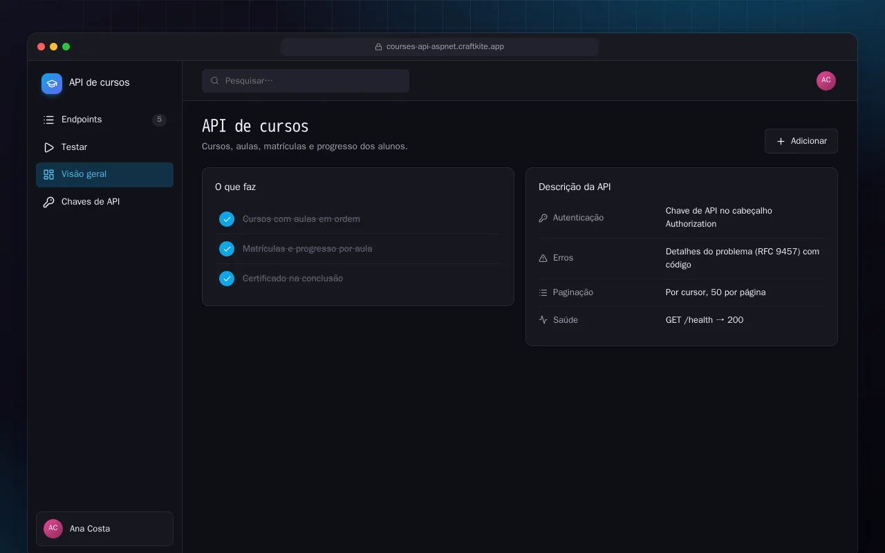 API de cursos (ASP.NET Core): a tela API de cursos