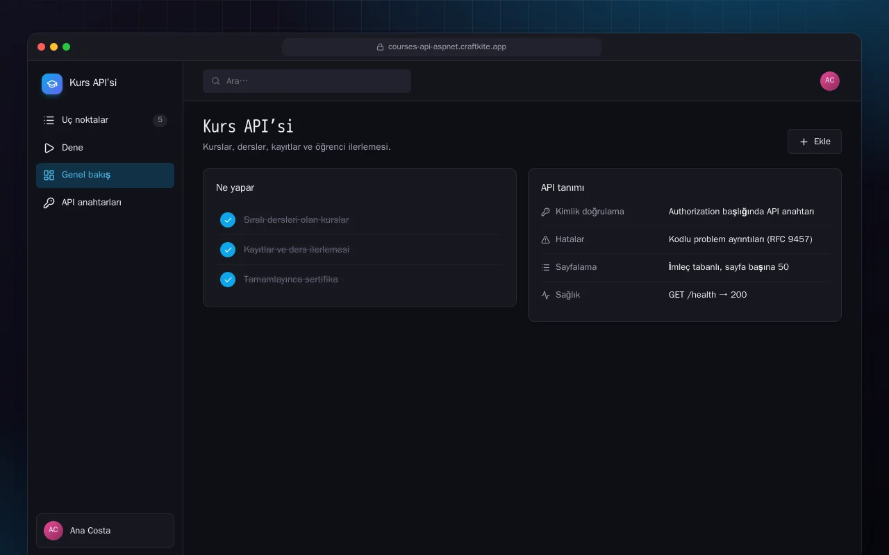 Kurs API’si (ASP.NET Core): Kurs API’si ekranı