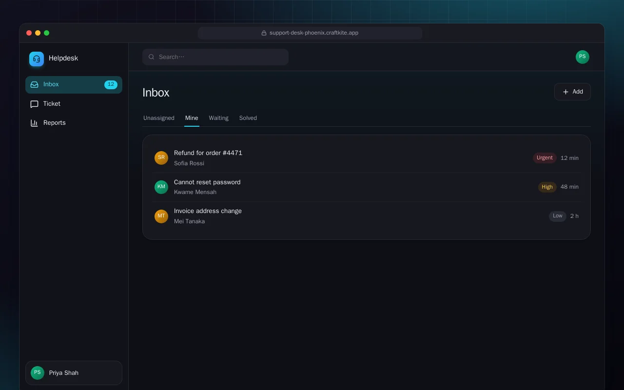Support Desk (Phoenix): the Inbox screen