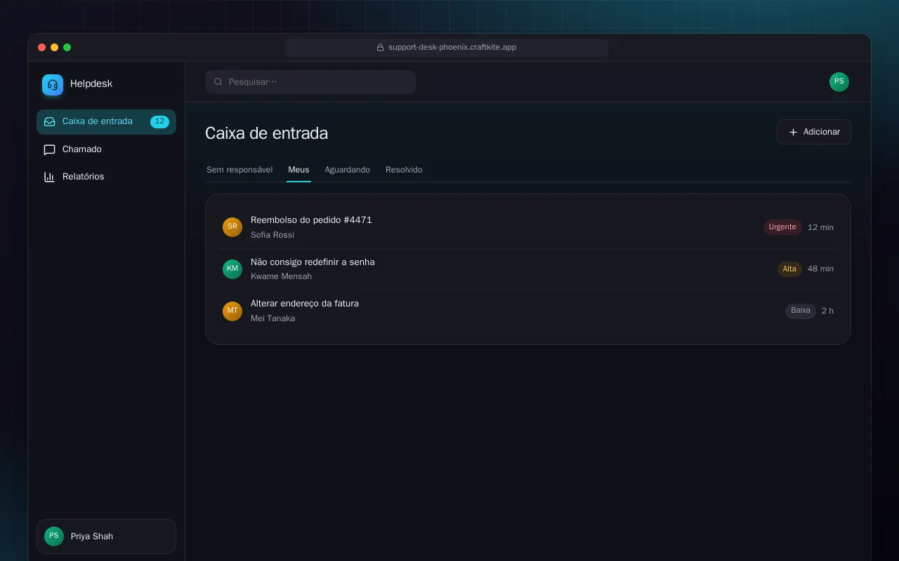 Central de suporte (Phoenix): a tela Caixa de entrada