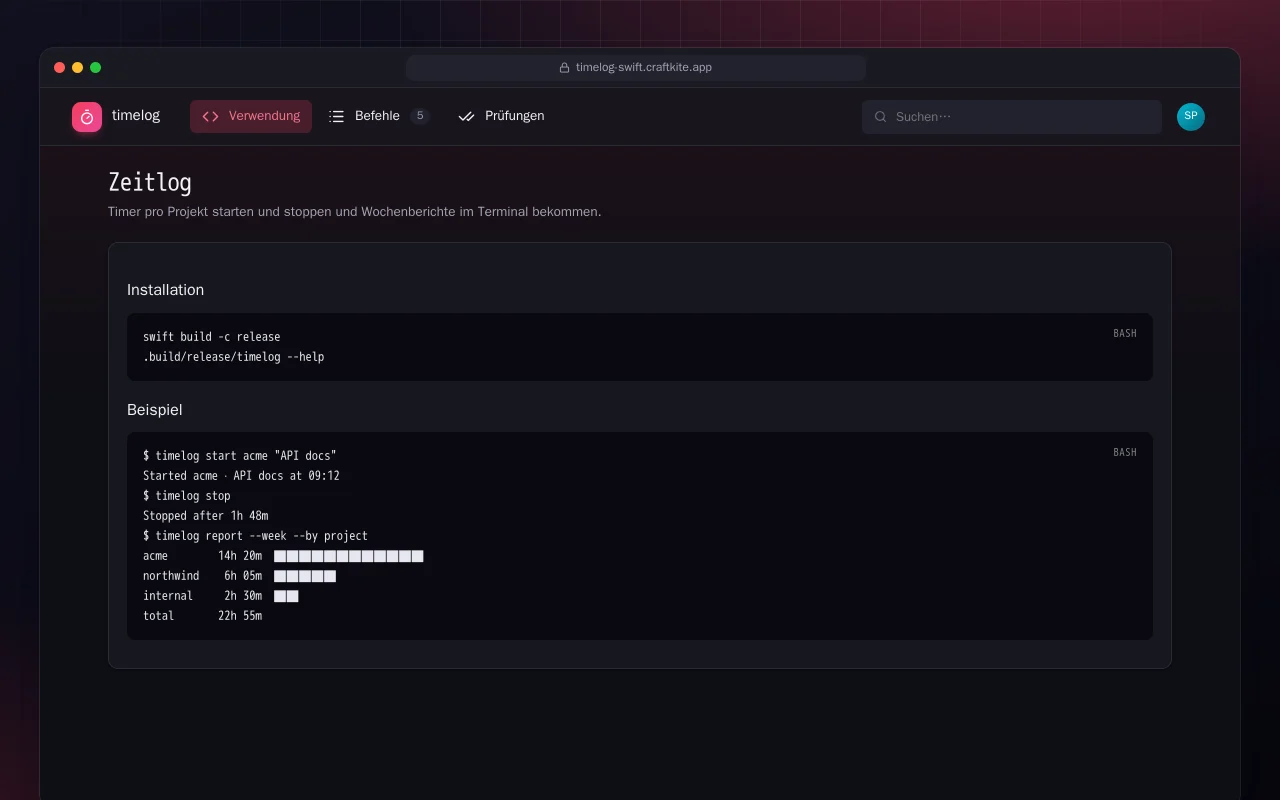 Zeitlog (Swift): der Bildschirm „Zeitlog“