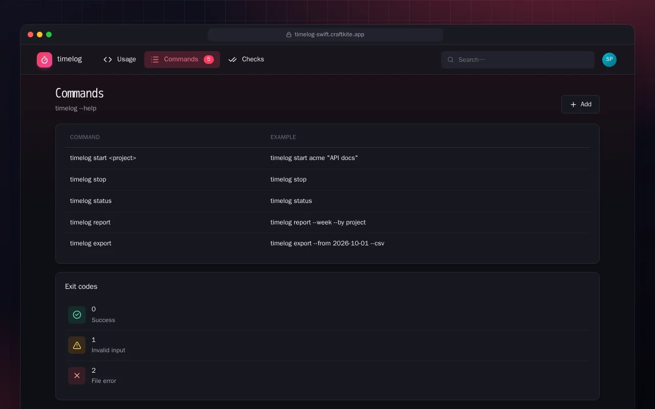 Time Log (Swift): the Commands screen