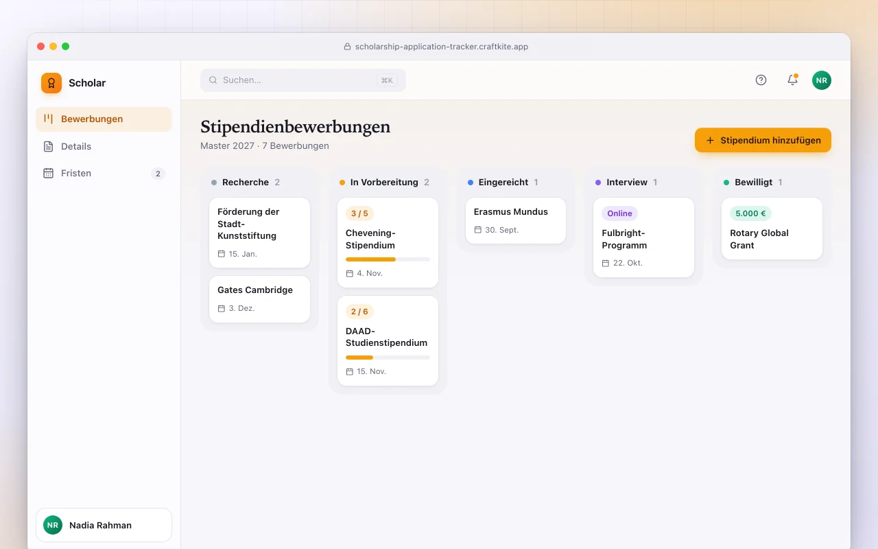 Stipendien-Bewerbungs-Tracker: der Bildschirm „Stipendienbewerbungen“