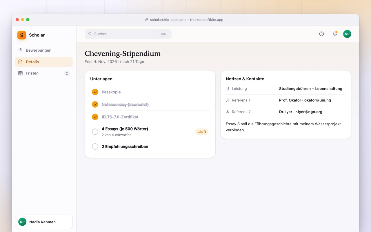 Stipendien-Bewerbungs-Tracker: der Bildschirm „Chevening-Stipendium“