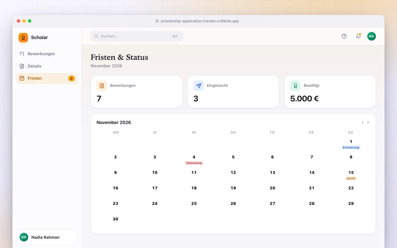 Stipendien-Bewerbungs-Tracker: der Bildschirm „Fristen & Status“