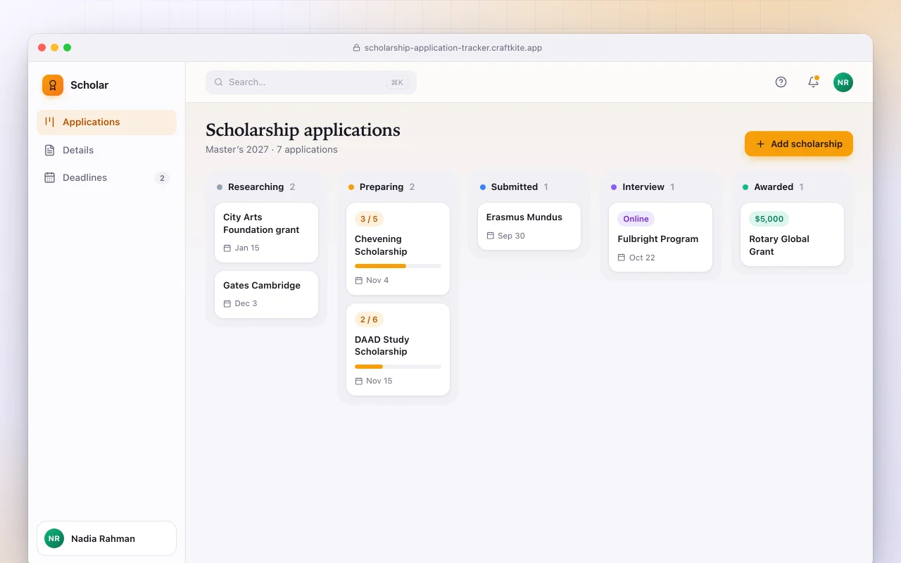 Scholarship application tracker: the Scholarship applications screen