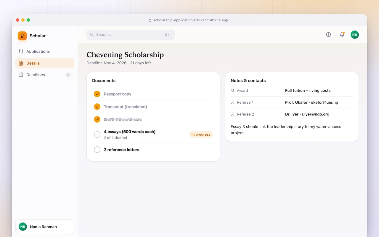 Scholarship application tracker: the Chevening Scholarship screen