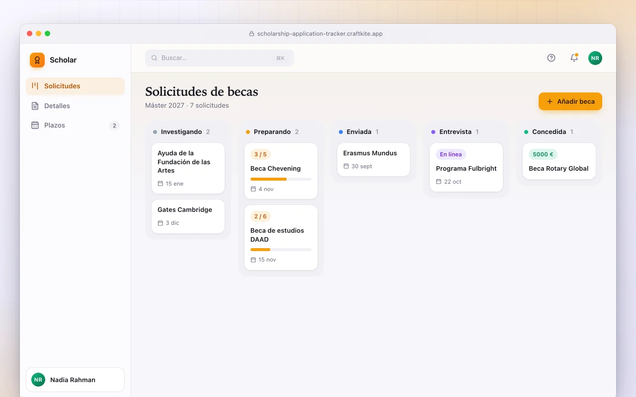 Seguimiento de solicitudes de becas: la pantalla Solicitudes de becas