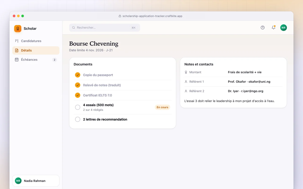 Suivi de candidatures aux bourses : l’écran Bourse Chevening