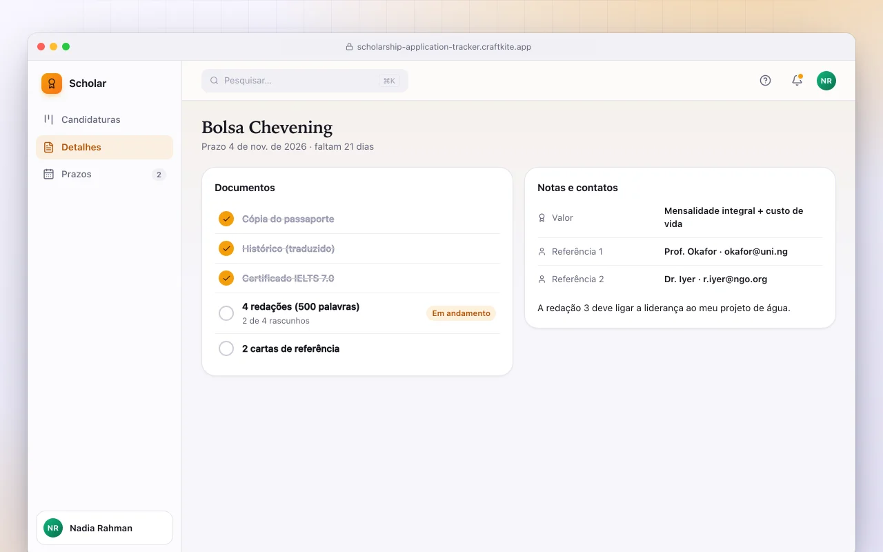 Controle de candidaturas a bolsas: a tela Bolsa Chevening