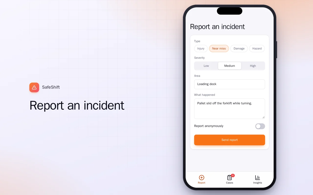 Workplace incident report: the Report an incident screen