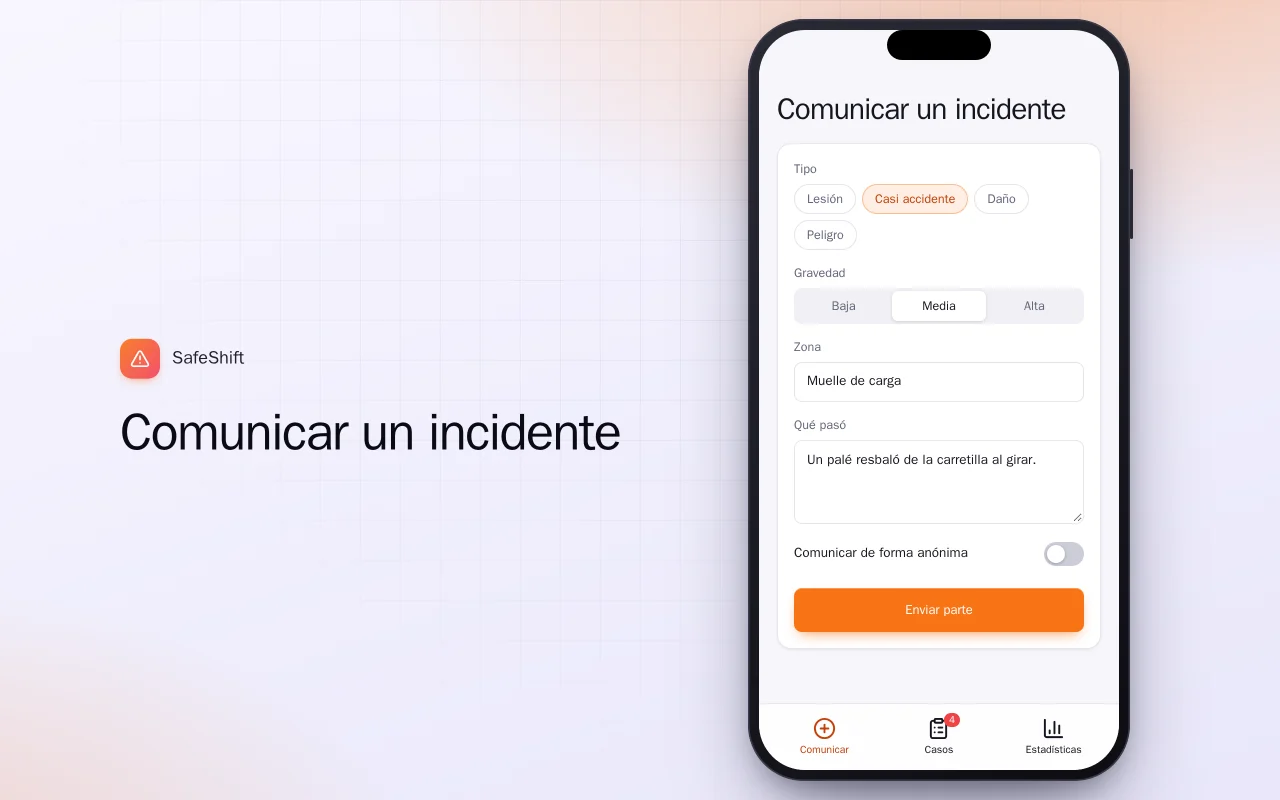 Parte de incidentes laborales: la pantalla Comunicar un incidente