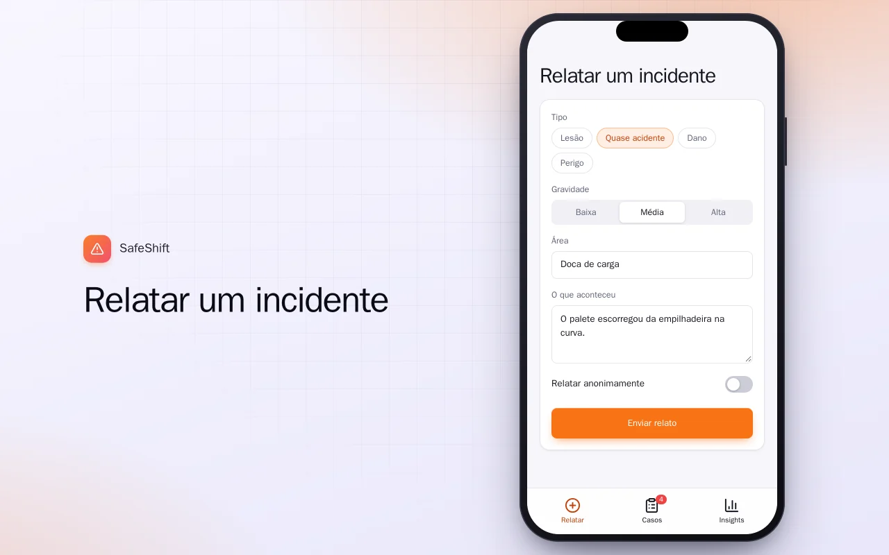 Relatório de incidentes no trabalho: a tela Relatar um incidente
