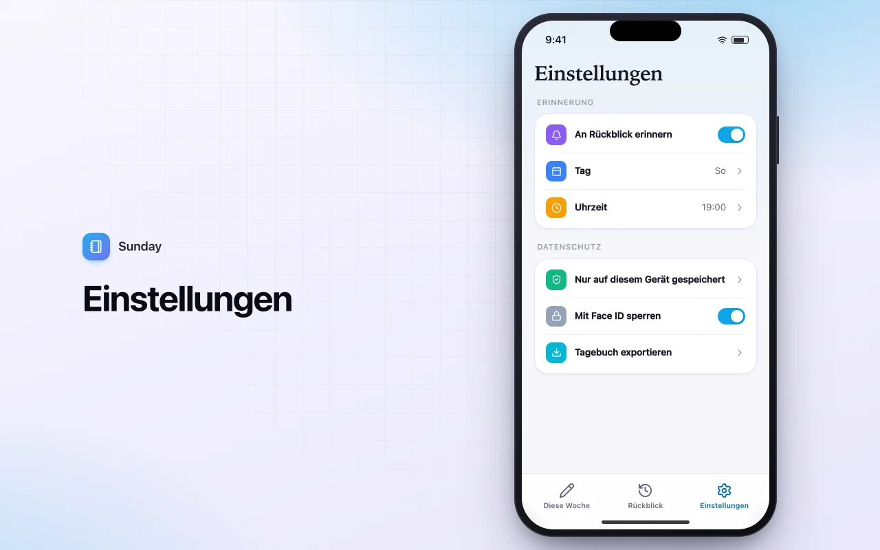 Wochenrückblick-Tagebuch: der Bildschirm „Einstellungen“