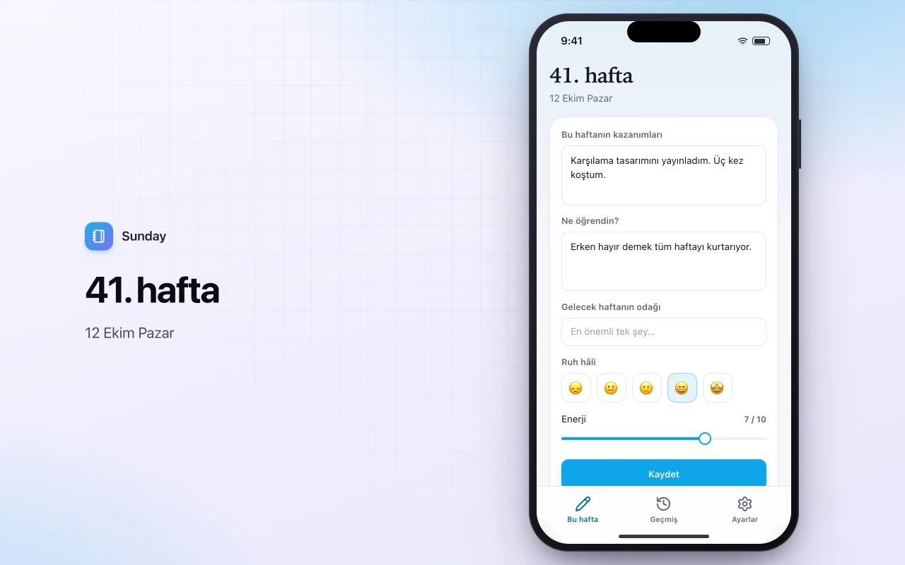 Haftalık değerlendirme günlüğü: 41. hafta ekranı